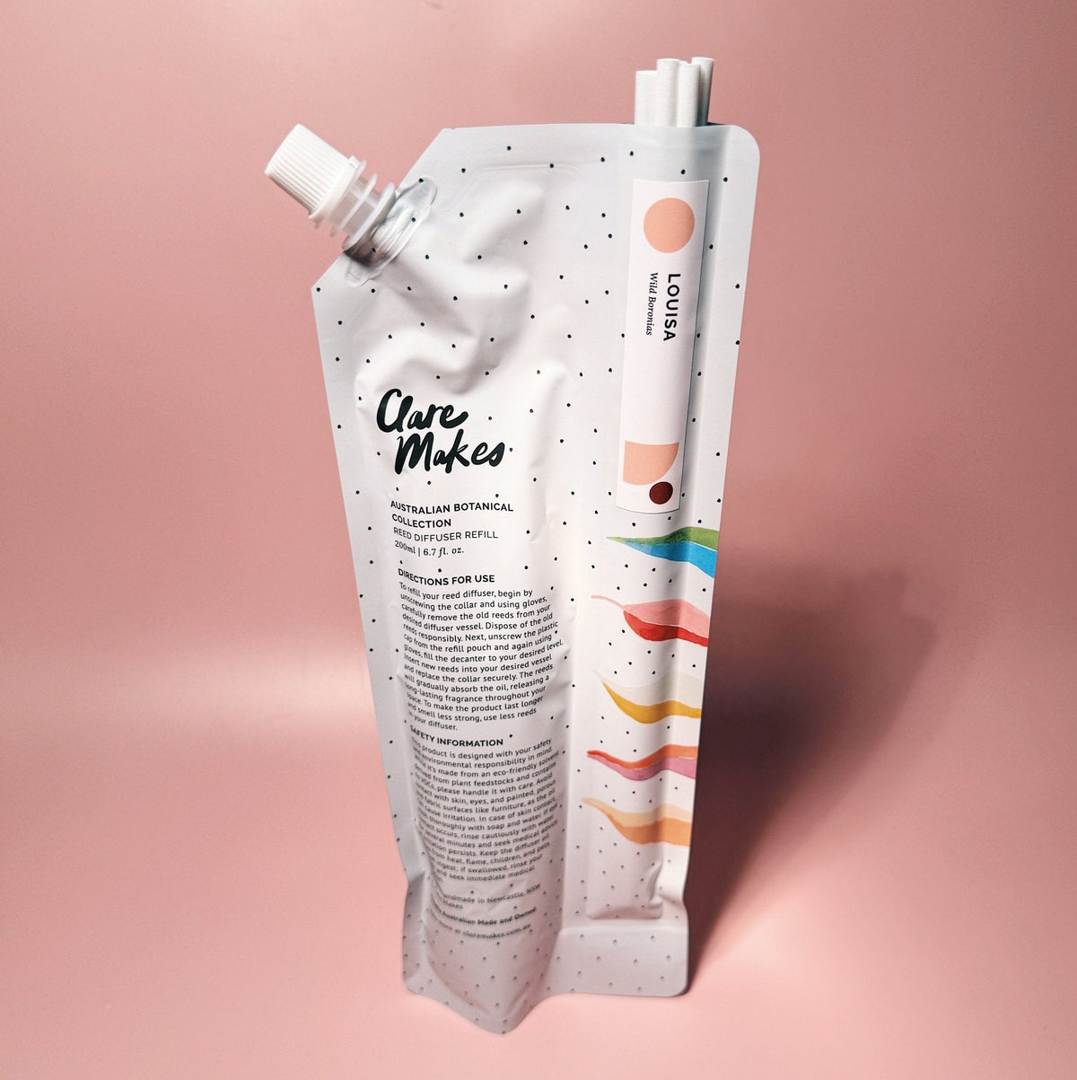 Clare Makes 200ml reed diffuser refill pouch with a separate compartment holding white reeds