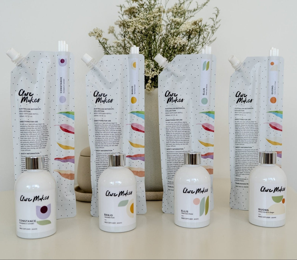 Clare Makes 200ml reed diffuser refill pouch with a separate compartment holding white reeds