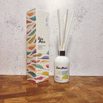 Clare Makes 200ml reed diffuser in a gloss white glass bottle with silver collar and white reeds