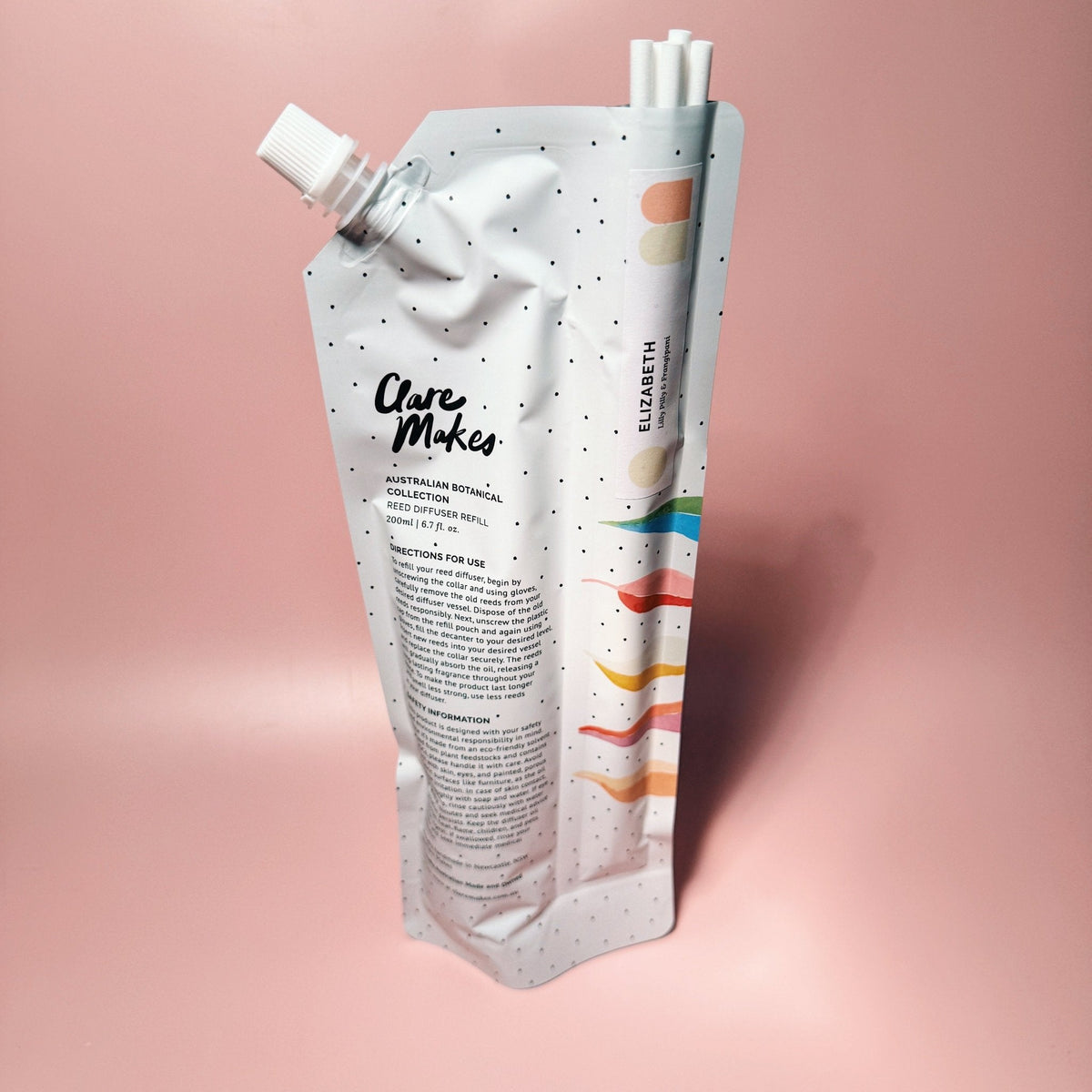 Clare Makes 200ml reed diffuser refill pouch with a separate compartment holding white reeds