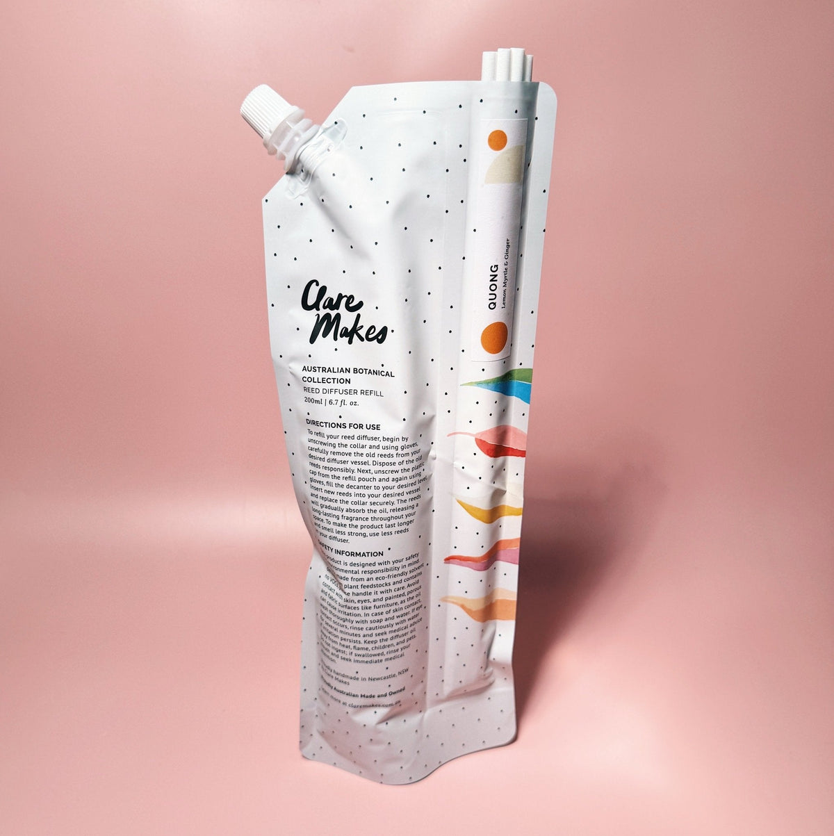 Clare Makes 200ml reed diffuser refill pouch with a separate compartment holding white reeds
