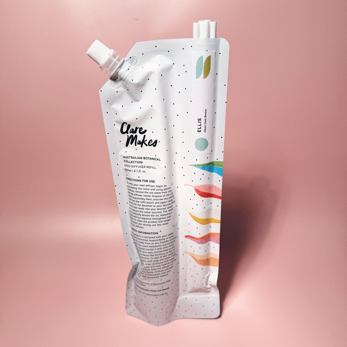 Clare Makes 200ml reed diffuser refill pouch with a separate compartment holding white reeds