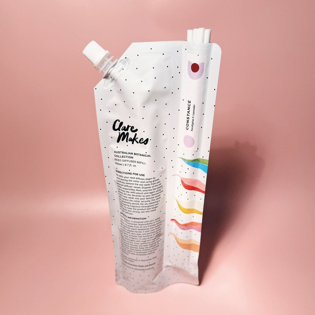 Clare Makes 200ml reed diffuser refill pouch with a separate compartment holding white reeds