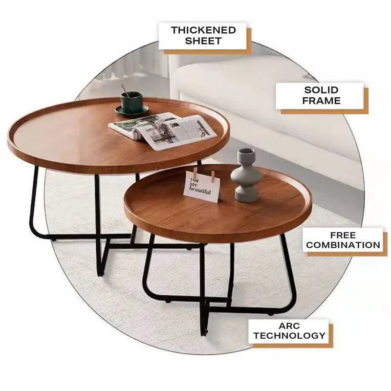 Removable Set of 2 Round Coffee Table Walnut Nesting Side End Table Furniture - Electronics > Computers & Tablets