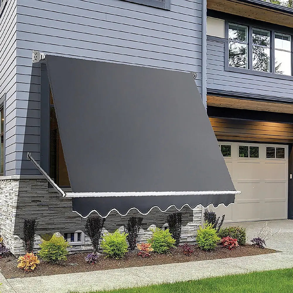 Retractable Fixed Pivot Arm Window Awning Patio Garden Blinds 2.4m x 2.1m Grey - Home & Garden > Shading