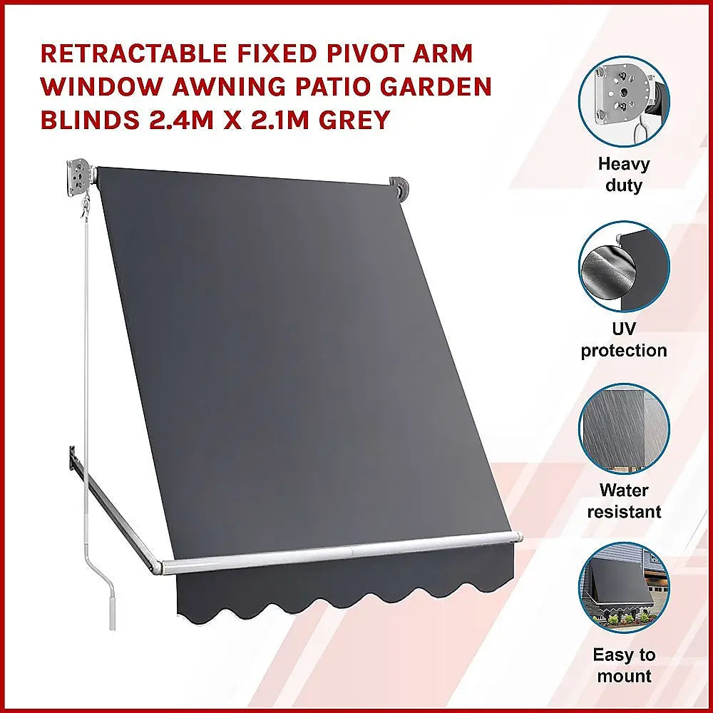 Retractable Fixed Pivot Arm Window Awning Patio Garden Blinds 2.4m x 2.1m Grey - Home & Garden > Shading