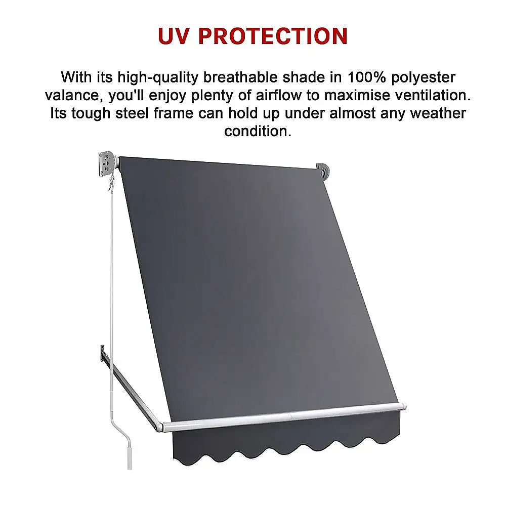 Retractable Fixed Pivot Arm Window Awning Patio Garden Blinds 2.4m x 2.1m Grey - Home & Garden > Shading