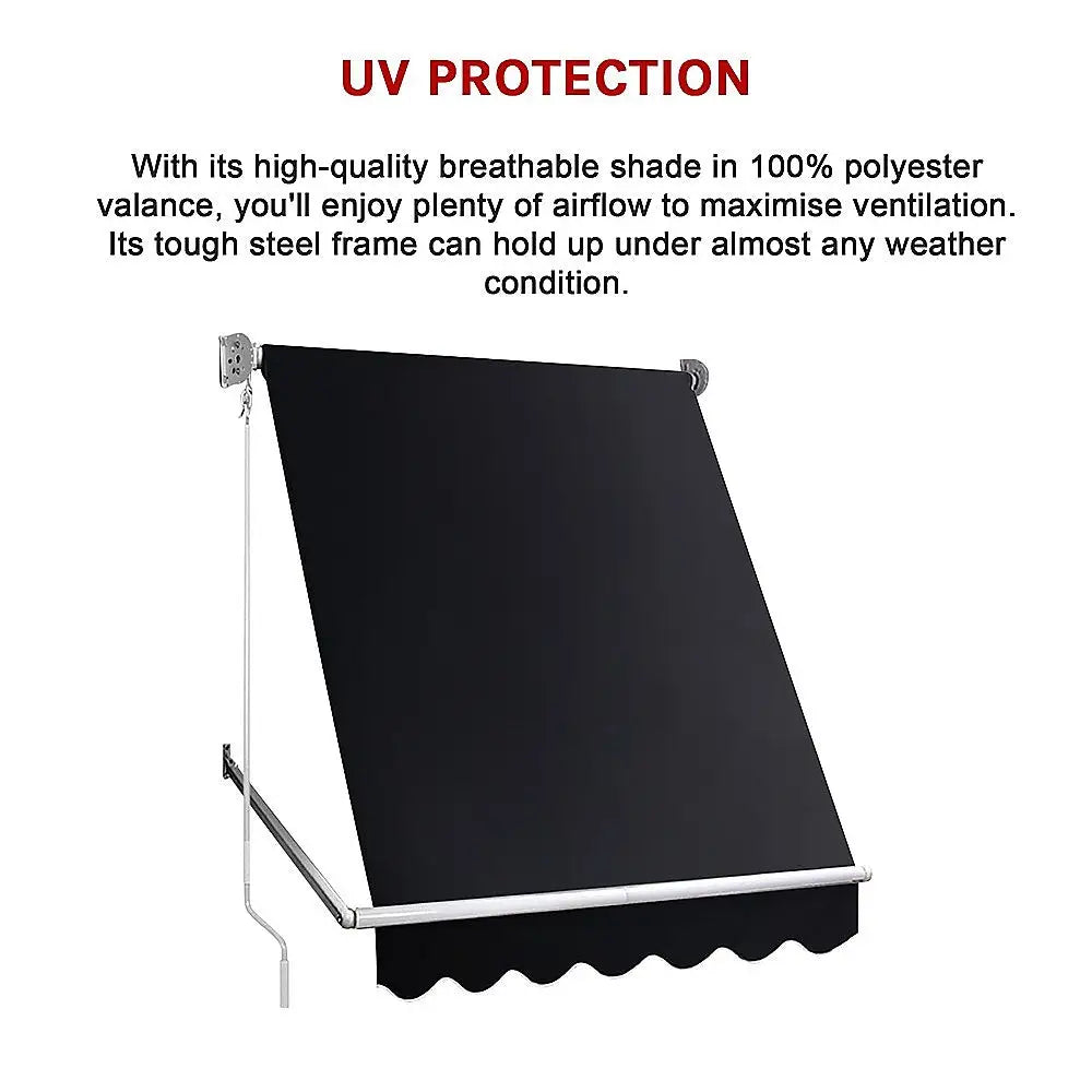 Retractable Fixed Pivot Arm Window Awning Patio Garden Blinds 2.4m x 2.1m Black - Home & Garden > Shading