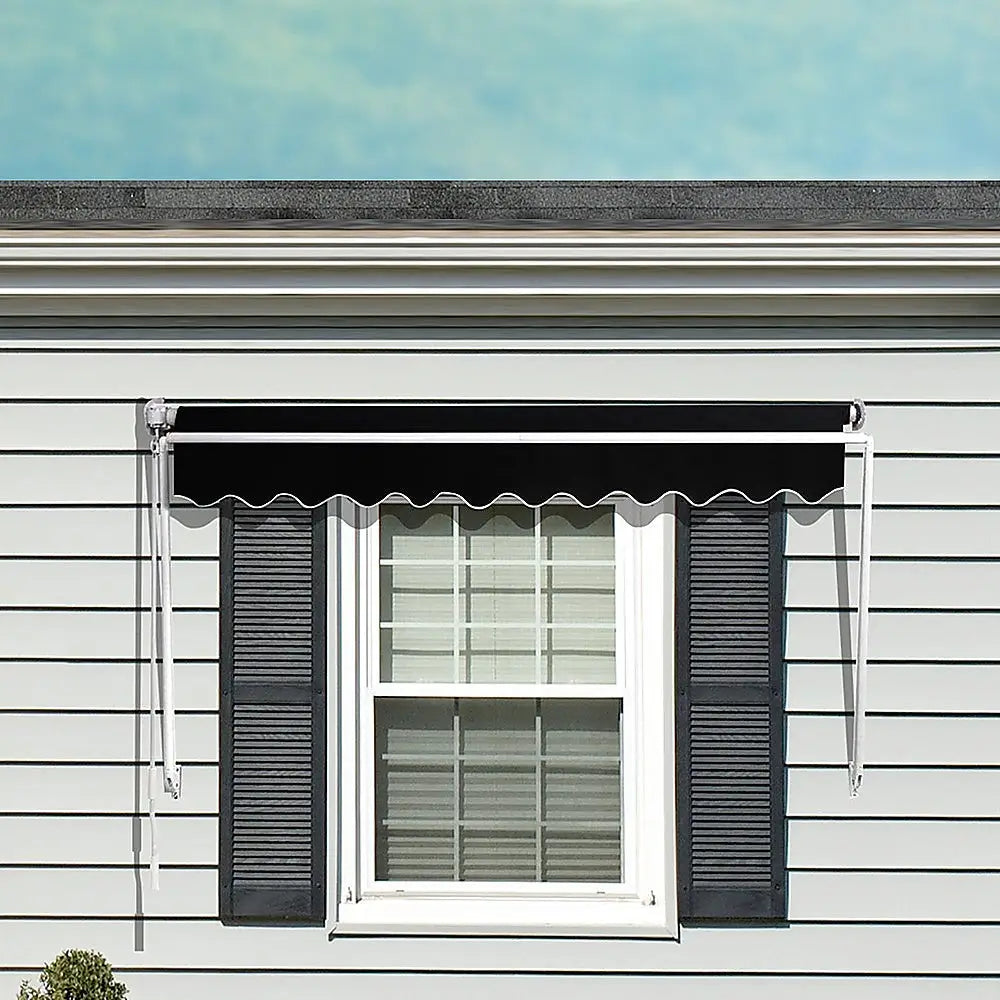 Retractable Fixed Pivot Arm Window Awning Patio Garden Blinds 2.4m x 2.1m Black - Home & Garden > Shading