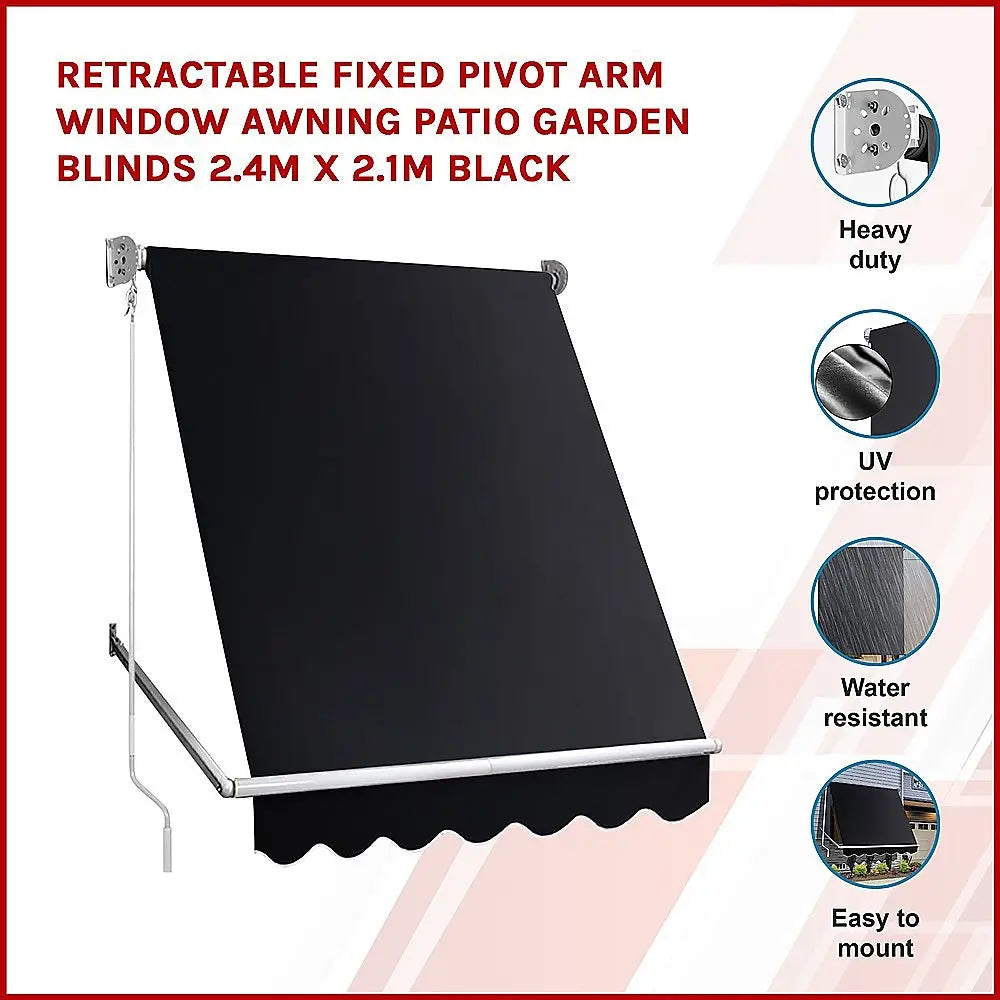Retractable Fixed Pivot Arm Window Awning Patio Garden Blinds 2.4m x 2.1m Black - Home & Garden > Shading