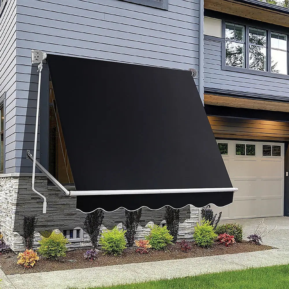 Retractable Fixed Pivot Arm Window Awning Patio Garden Blinds 2.4m x 2.1m Black - Home & Garden > Shading