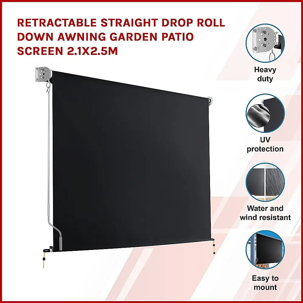 Retractable Straight Drop Roll Down Awning Garden Patio Screen 2.1X2.5M - Home & Garden > Shading