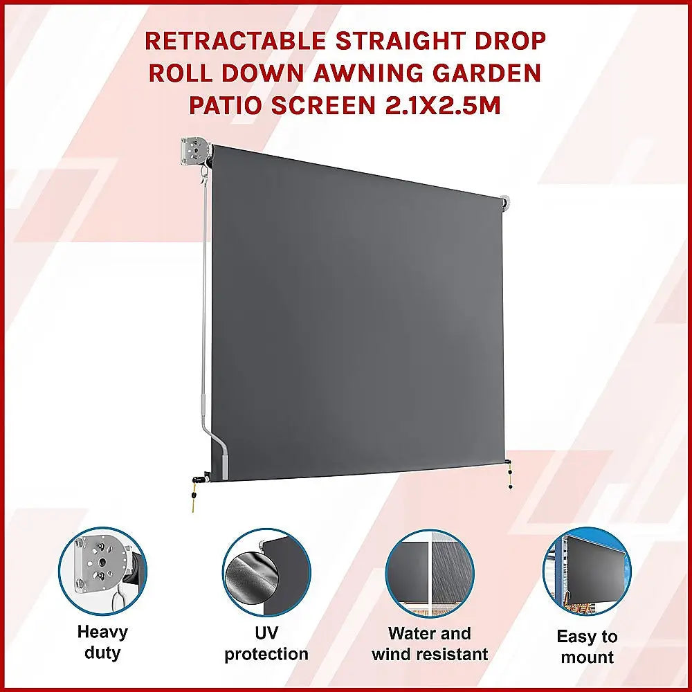 Retractable Straight Drop Roll Down Awning Garden Patio Screen 2.1X2.5M - Home & Garden > Shading