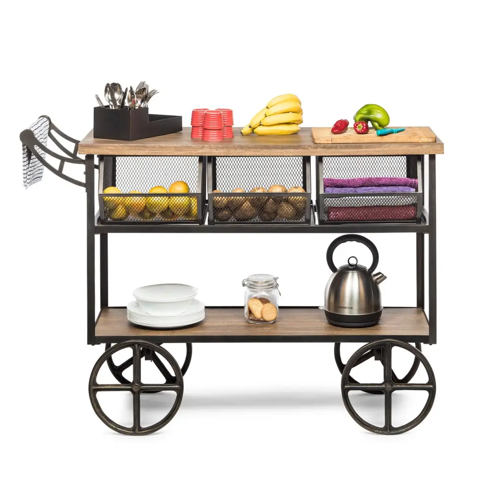 Retro Wooden Kitchen Island Trolley on Wheels with Storage Drawers - Furniture > Dining