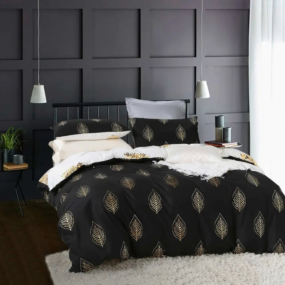 Reversible Design Super King Size Black Gold Duvet Quilt Cover Set - Home & Garden > Bedding