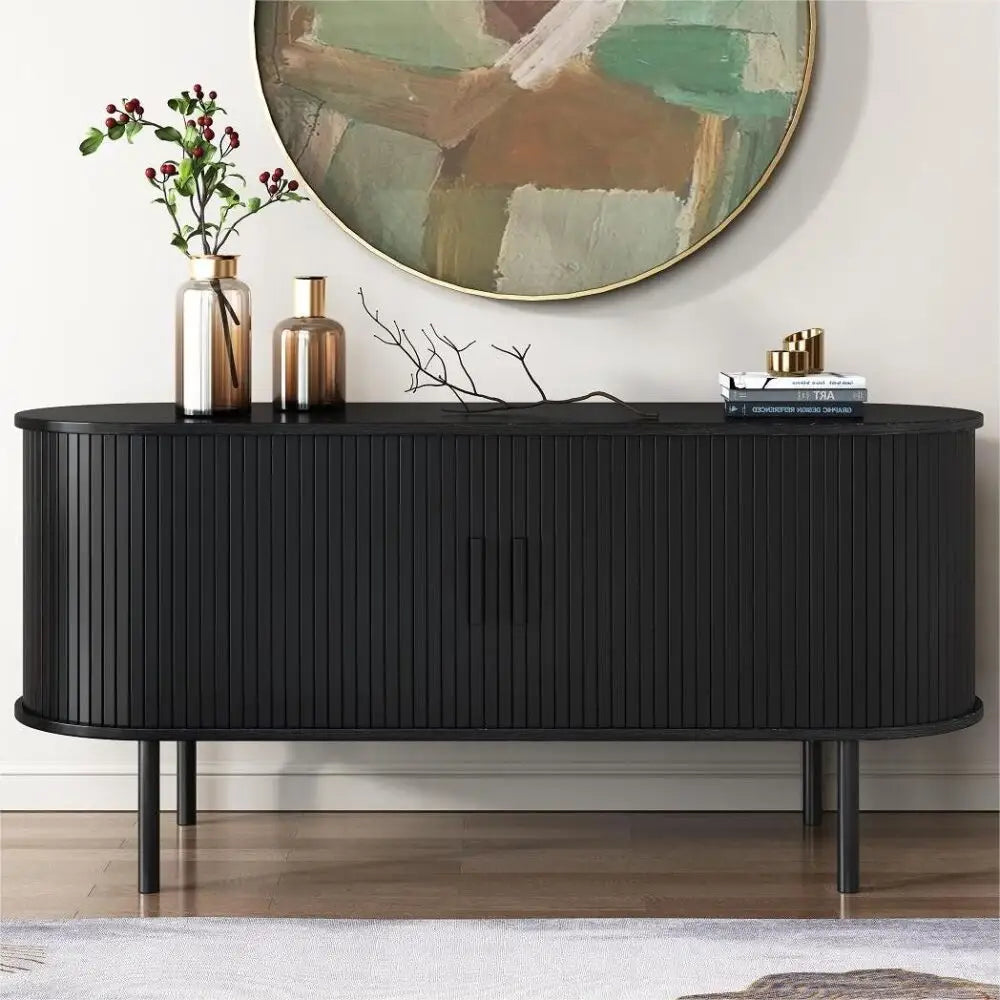 Ribbed Black Sideboard with Sliding Doors - Furniture > Dining