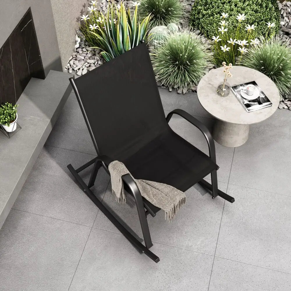 Rocking Chair High Back Rocker Chairs Steel Metal Textilene Fabric-Black - Furniture > Outdoor