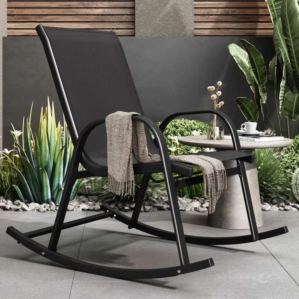 Rocking Chair High Back Rocker Chairs Steel Metal Textilene Fabric-Black - Furniture > Outdoor