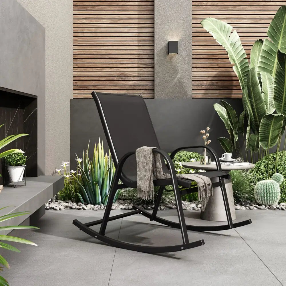 Rocking Chair High Back Rocker Chairs Steel Metal Textilene Fabric-Black - Furniture > Outdoor