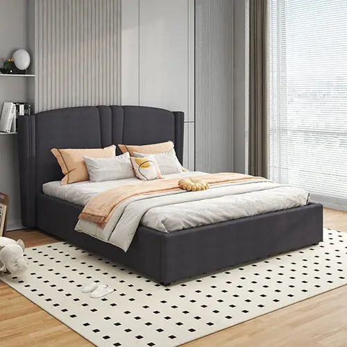 Roman Bed Frame Queen Size Black Velvet Fabric with Gas Lift plywood metal structure - Furniture > Bedroom > Beds & Bed