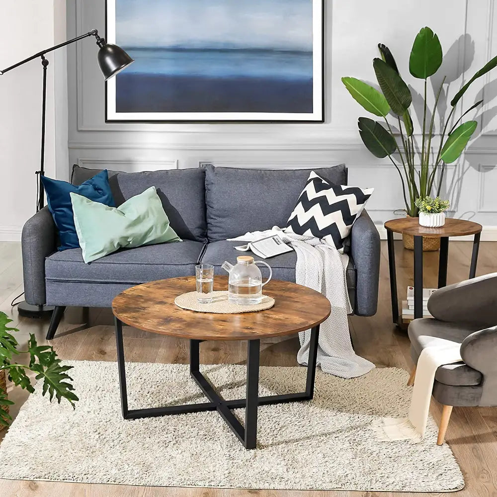 Round Coffee Table Rustic Brown and Black - Furniture > Living Room