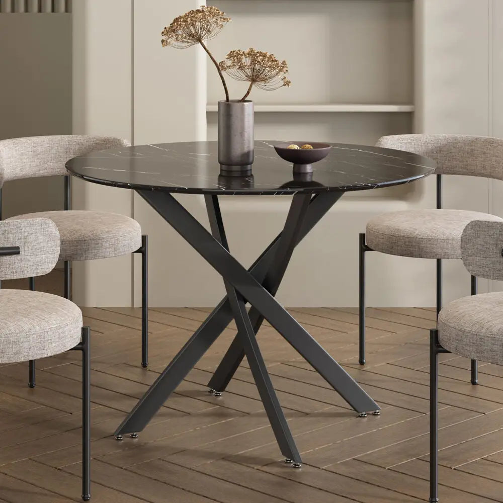 Round Marble-Effect Table-Black - Furniture > Dining
