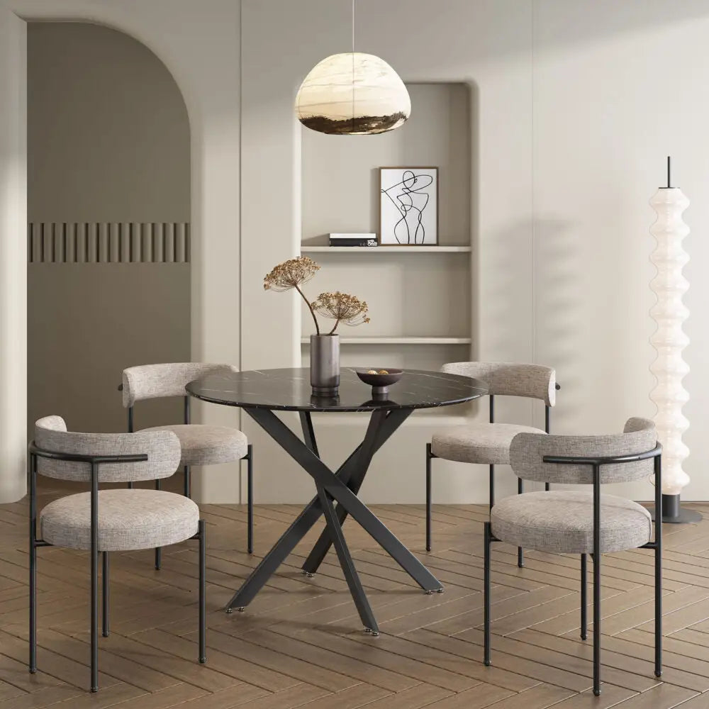 Round Marble-Effect Table-Black - Furniture > Dining