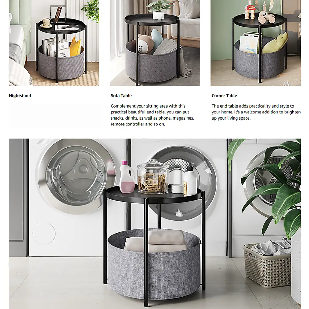 Round Side Table Bedside Storage Basket - Furniture > Sofas > Sofas & Sofa Beds