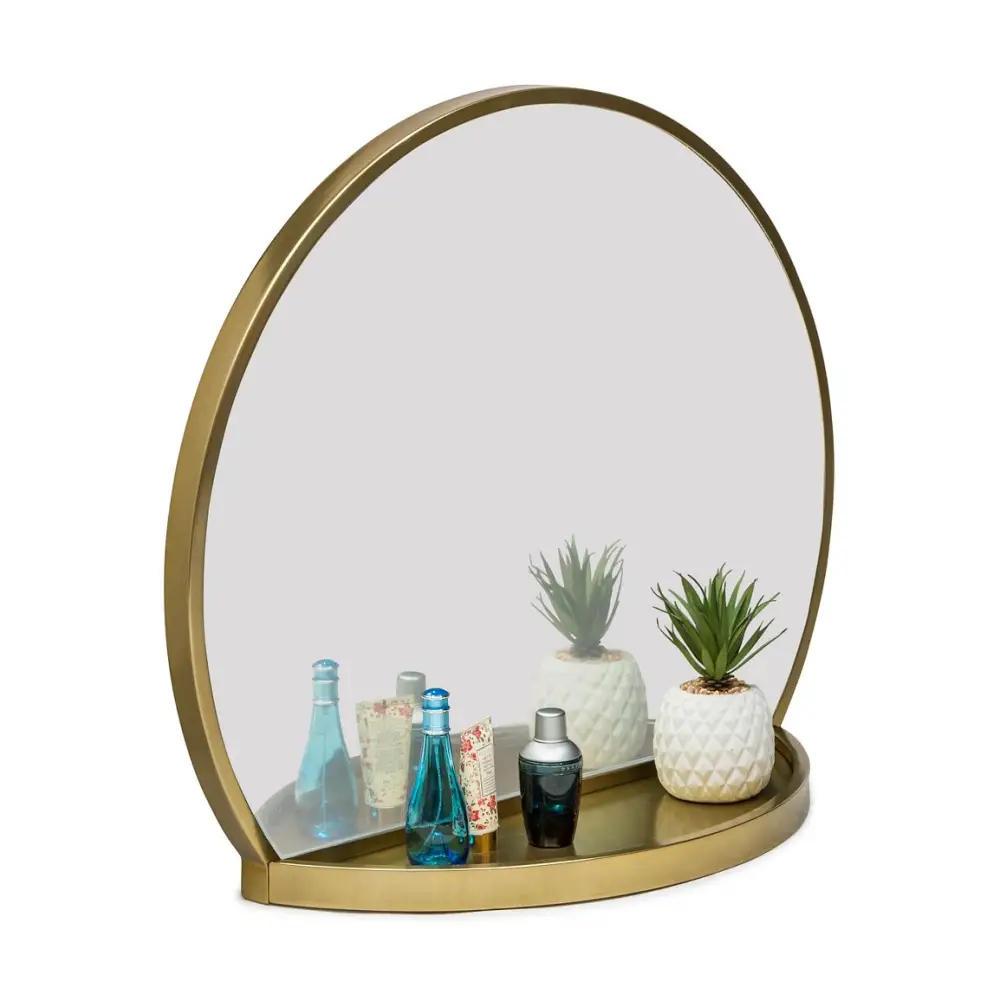 Round Table Wall Mirror with Shelf Storage in Brass Finish - Furniture > Living Room