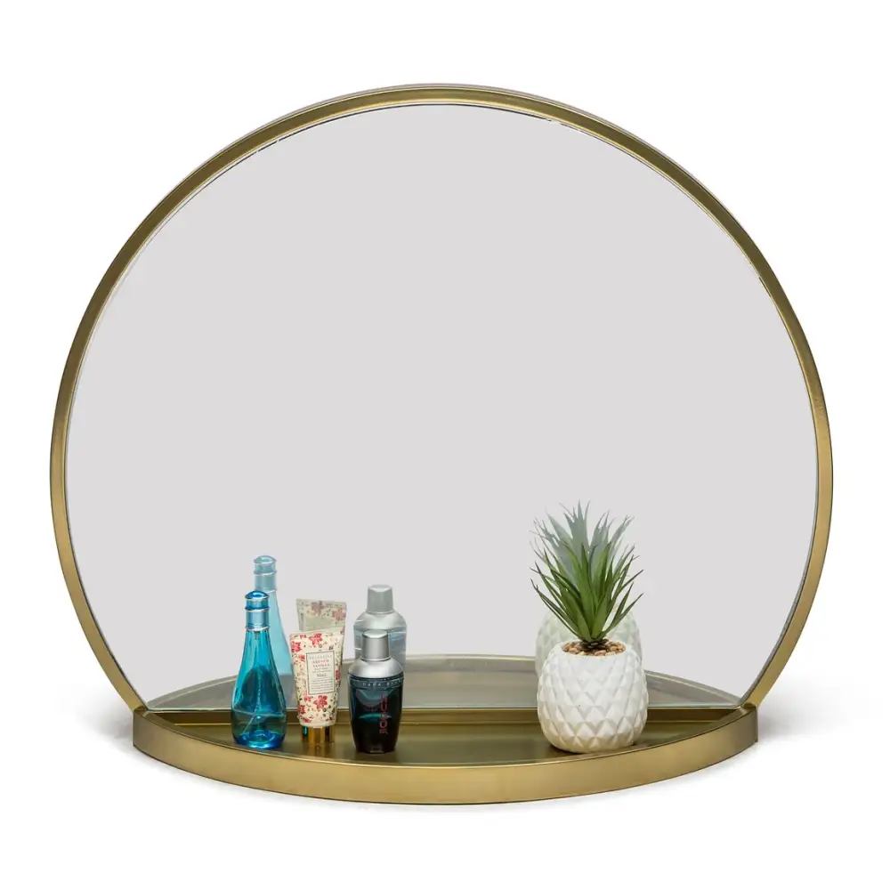 Round Table Wall Mirror with Shelf Storage in Brass Finish - Furniture > Living Room