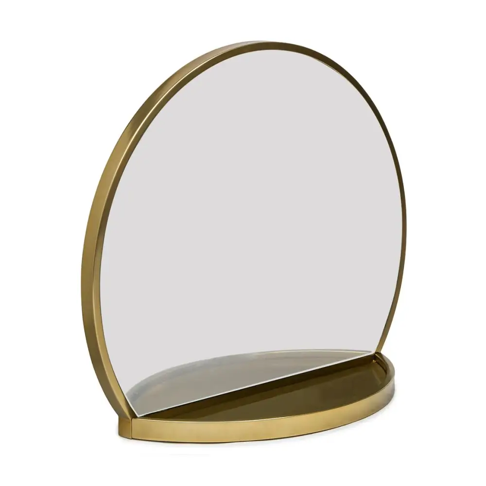 Round Table Wall Mirror with Shelf Storage in Brass Finish - Furniture > Living Room