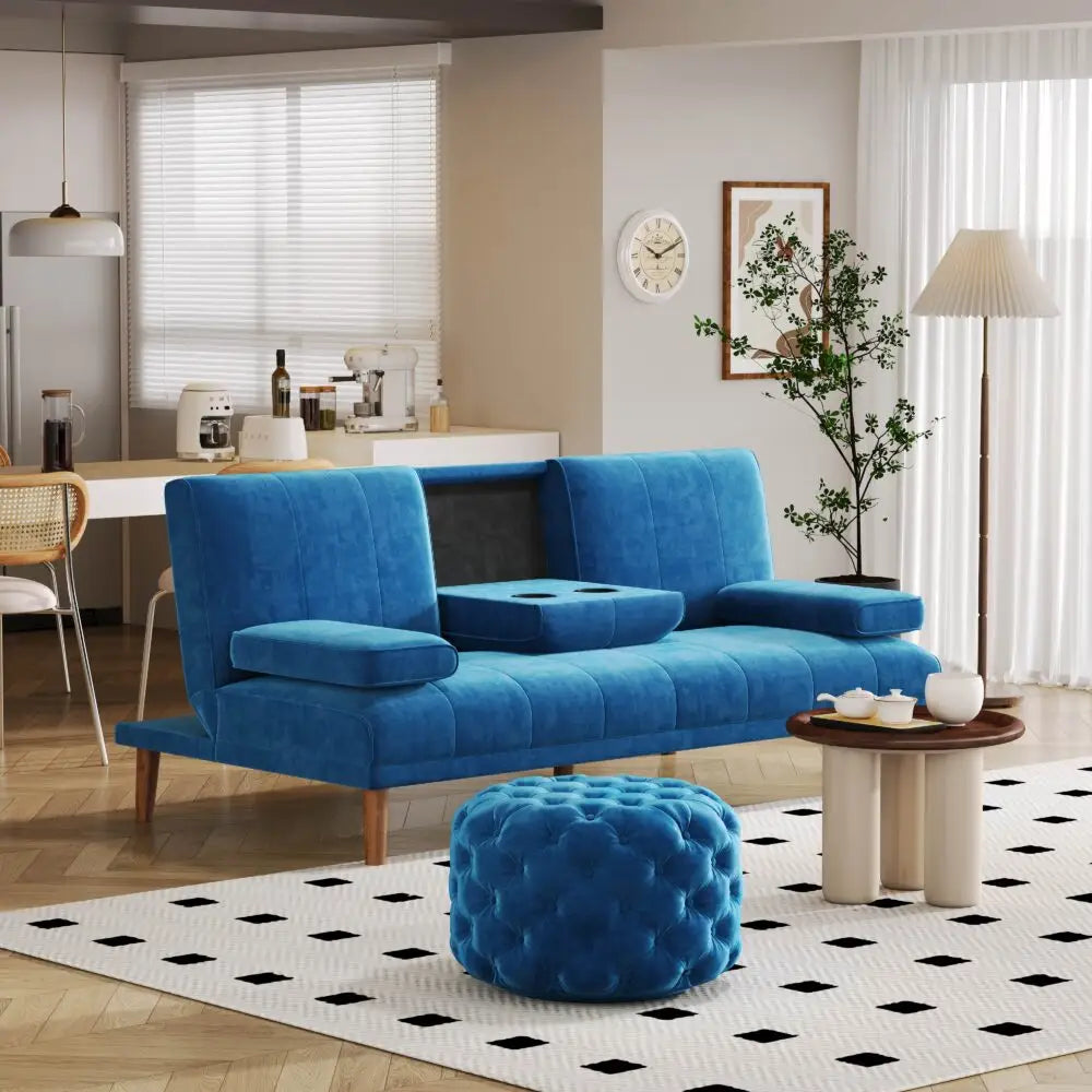 Round Velvet Ottoman in Navy - Furniture > Bedroom
