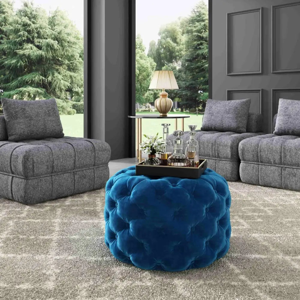 Round Velvet Ottoman in Navy - Furniture > Bedroom