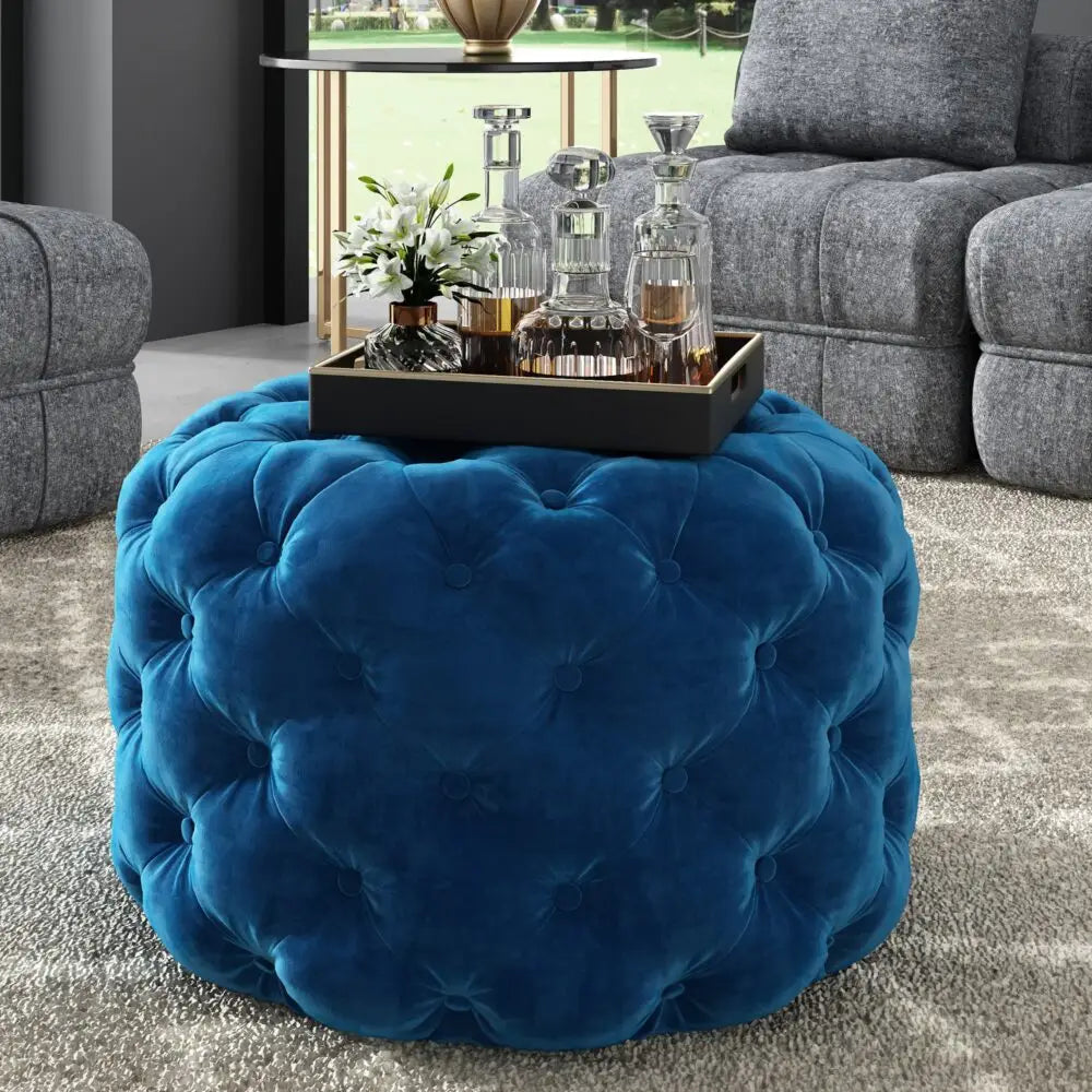 Round Velvet Ottoman in Navy - Furniture > Bedroom