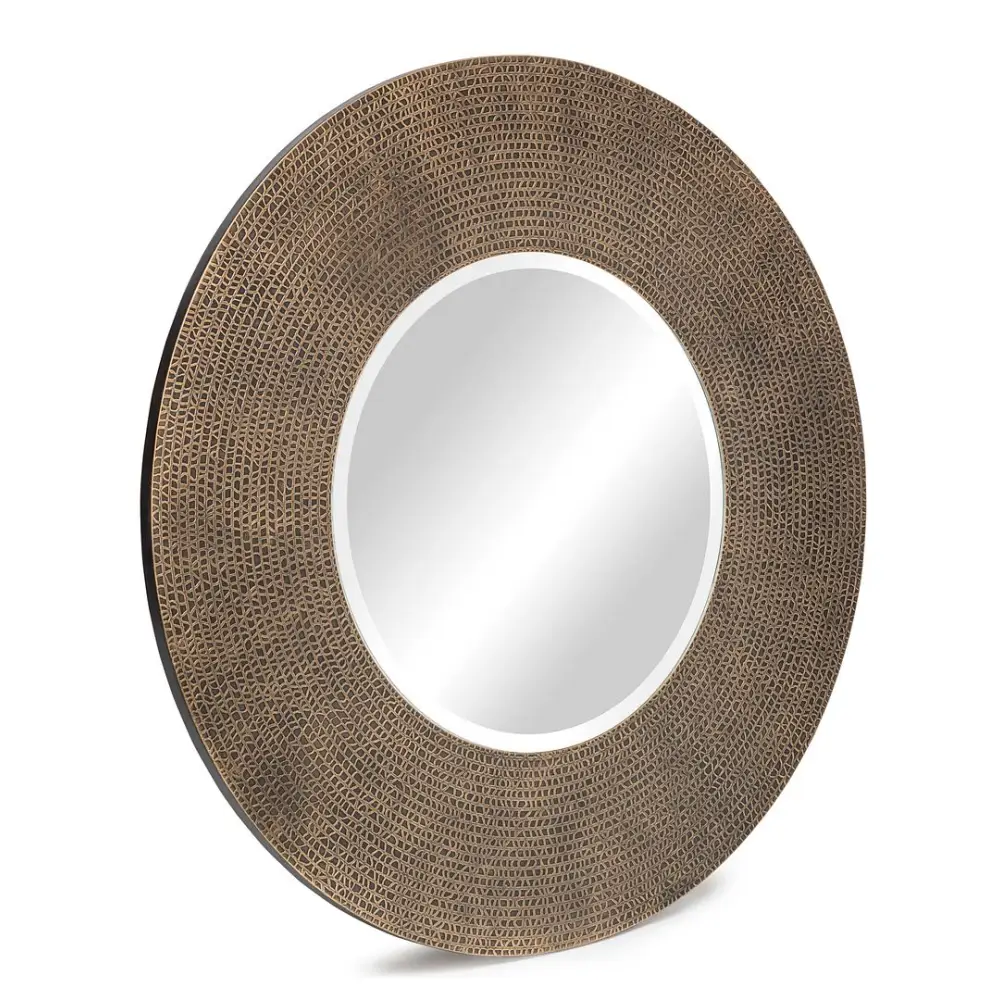 Round Wall Mirror with Croc Pattern Frame in Gold Black Finish - Furniture > Living Room