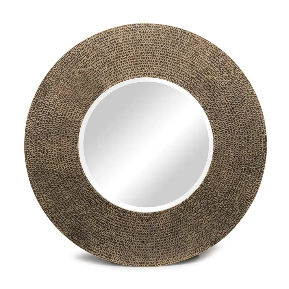 Round Wall Mirror with Croc Pattern Frame in Gold Black Finish - Furniture > Living Room