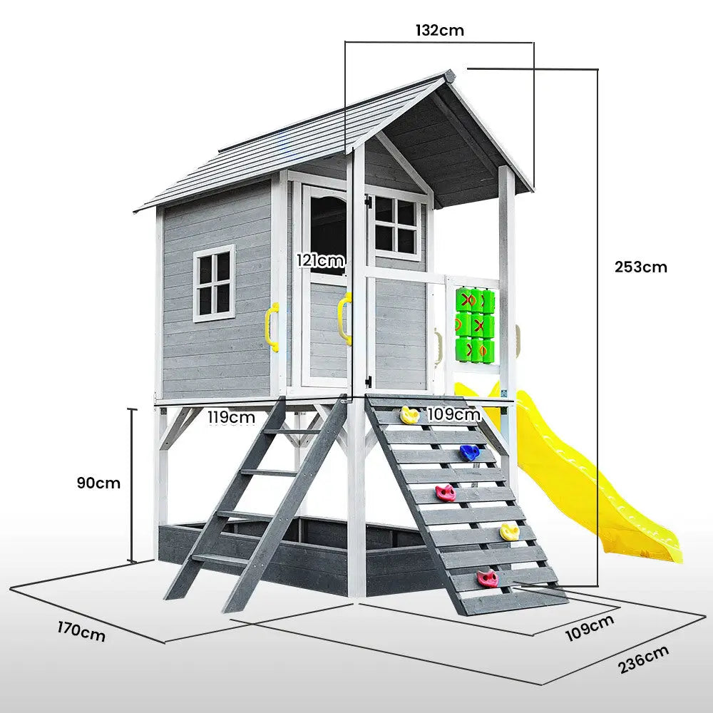 ROVO KIDS Wooden Tower Cubby House with Slide Sandpit Climbing Wall Noughts & Crosses - Baby & Kids > Baby & Kid’s