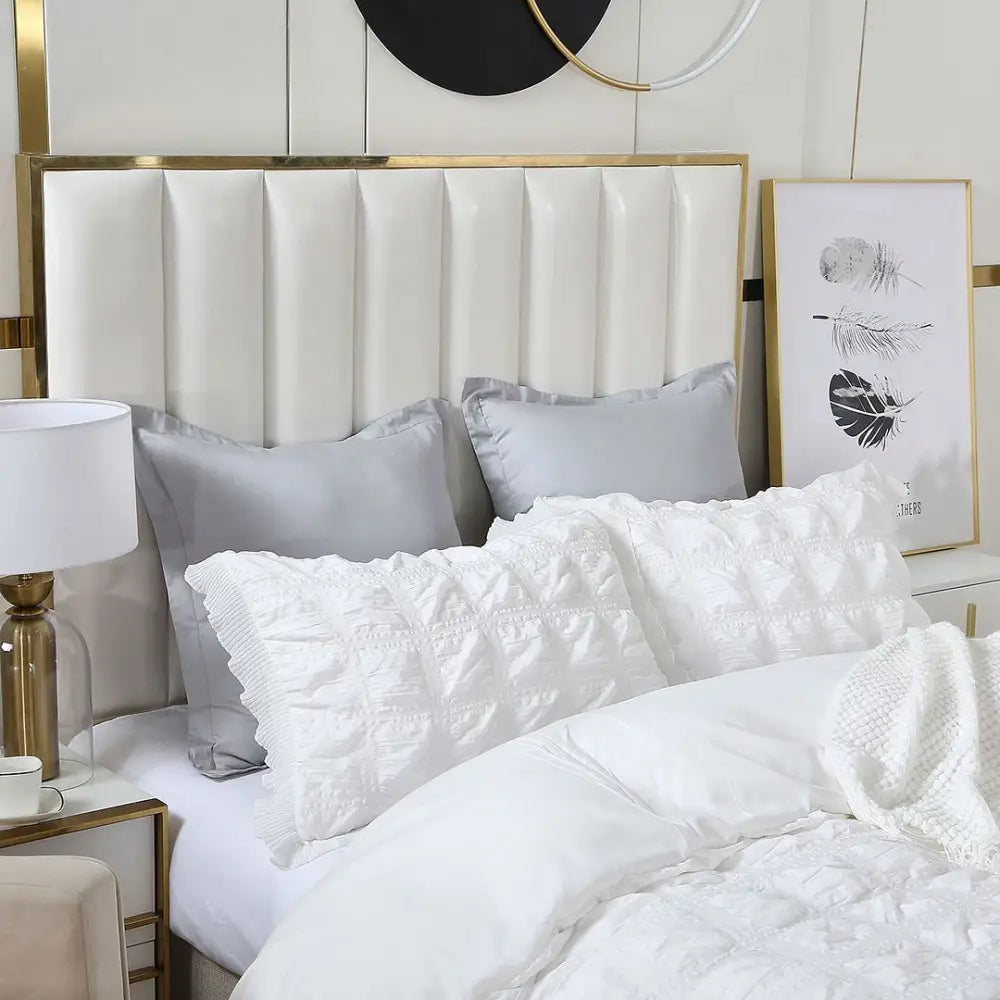 Ruffles Textured Jacquard King Size white Duvet Quilt Cover Set - Home & Garden > Bedding