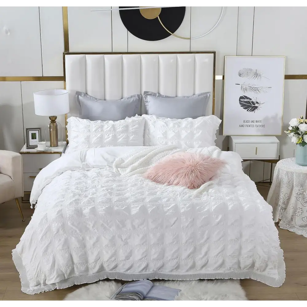 Ruffles Textured Jacquard King Size white Duvet Quilt Cover Set - Home & Garden > Bedding