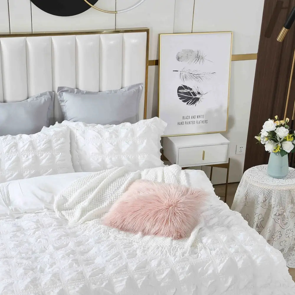 Ruffles Textured Jacquard Super King Size white Duvet Quilt Cover Set - Home & Garden > Bedding