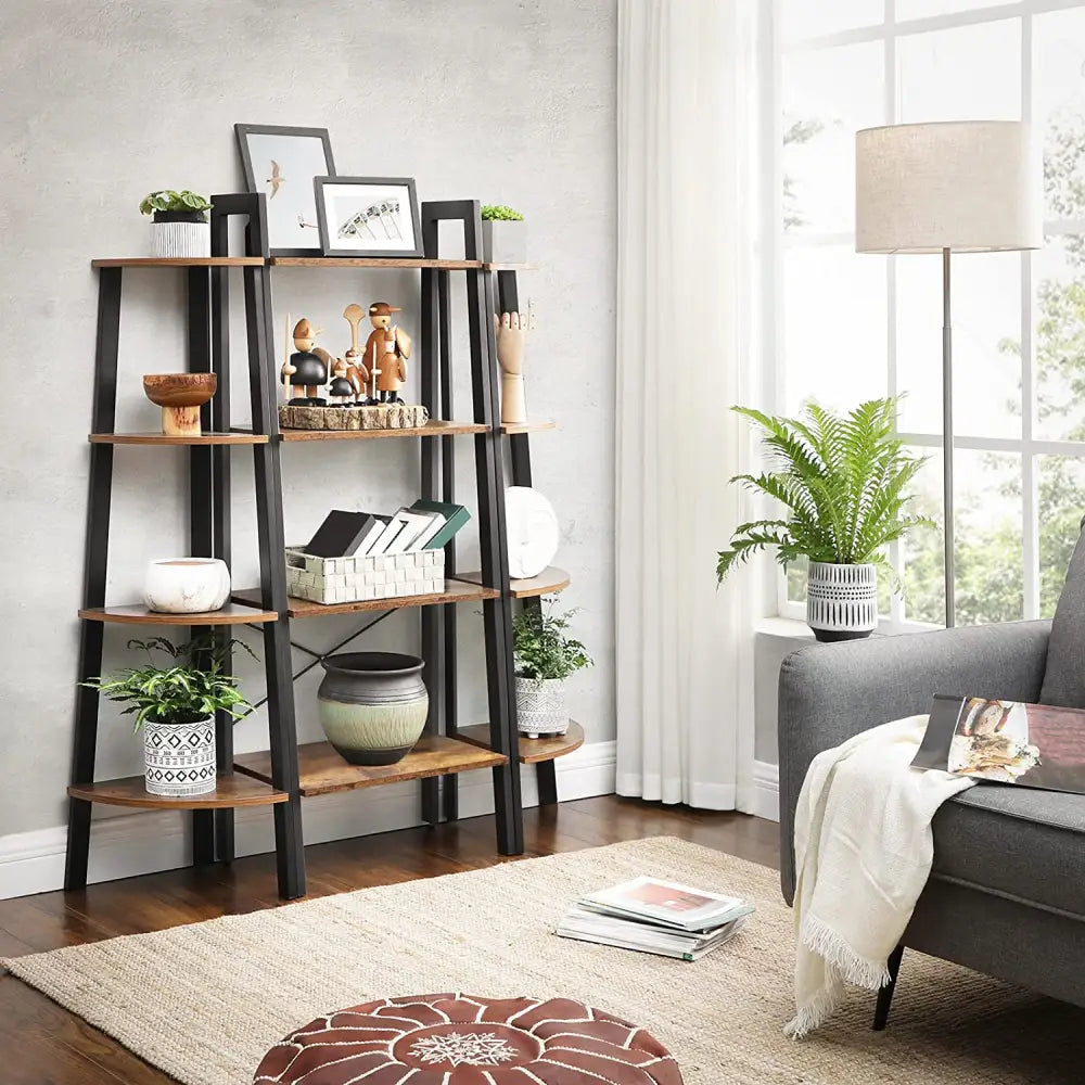 Rustic brown and black steel Metal Frame 4 Tier bookshelf - Furniture > Living Room