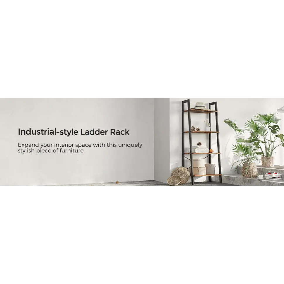 Rustic brown and black steel Metal Frame 4 Tier bookshelf - Furniture > Living Room