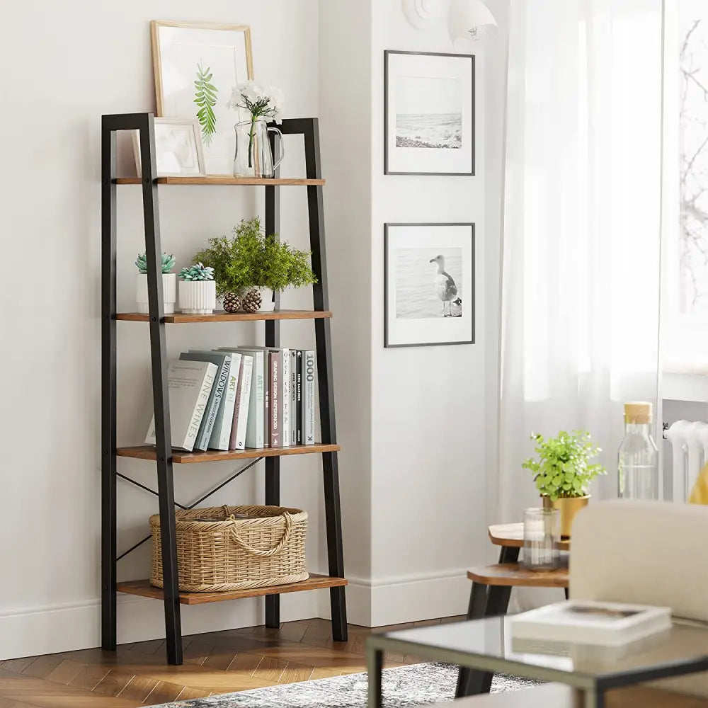 Rustic brown and black steel Metal Frame 4 Tier bookshelf - Furniture > Living Room