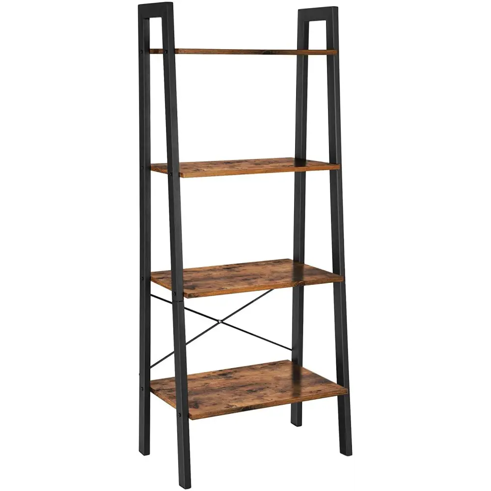 Rustic brown and black steel Metal Frame 4 Tier bookshelf - Furniture > Living Room