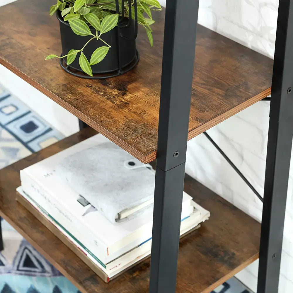 Rustic brown and black steel Metal Frame 4 Tier bookshelf - Furniture > Living Room