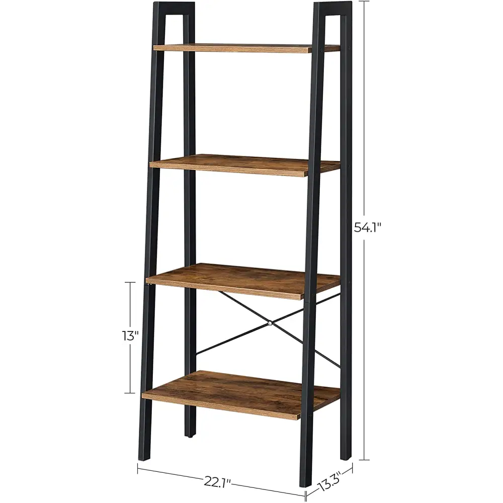 Rustic brown and black steel Metal Frame 4 Tier bookshelf - Furniture > Living Room