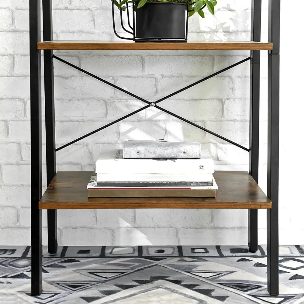 Rustic brown and black steel Metal Frame 4 Tier bookshelf - Furniture > Living Room