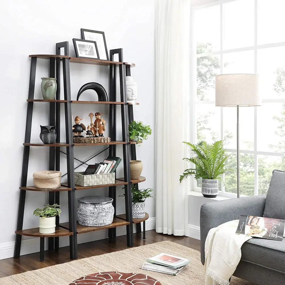Rustic Brown Metal Frame 5 Tier Corner Shelf - Home & Garden > Storage