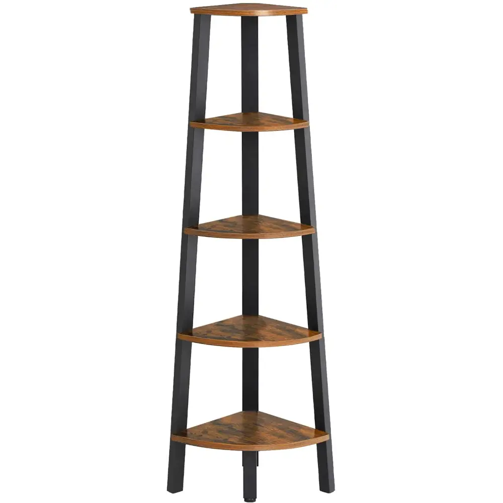 Rustic Brown Metal Frame 5 Tier Corner Shelf - Home & Garden > Storage