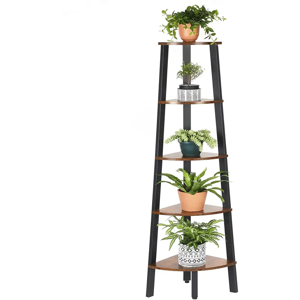 Rustic Brown Metal Frame 5 Tier Corner Shelf - Home & Garden > Storage